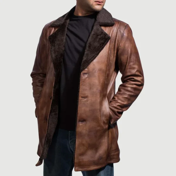 Cinnamon Distressed Leather Fur Coat - Image 3
